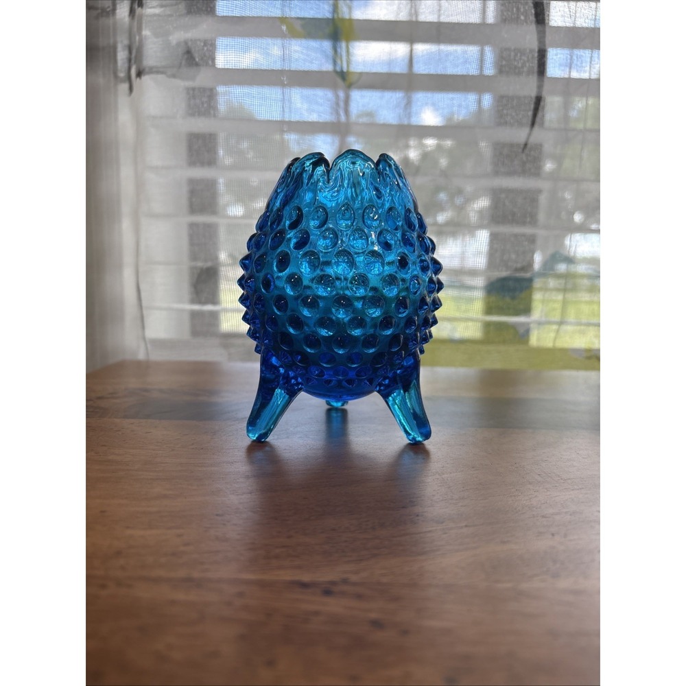 Vintage Fenton Glass - Colonial Cobalt Blue Hobnail 3 Footed Egg Shaped Vase